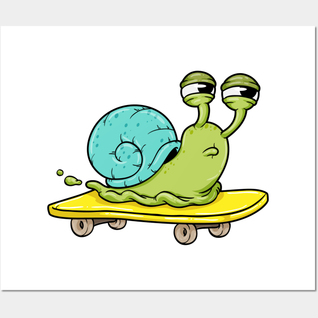 Snail with House as Skater with Skateboard Wall Art by Markus Schnabel